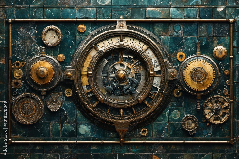 A steampunk-inspired circular clock with gears and other mechanisms against a blue tiled background. A steampunk-inspired circular clock with gears and other mechanisms against a blue tiled background.