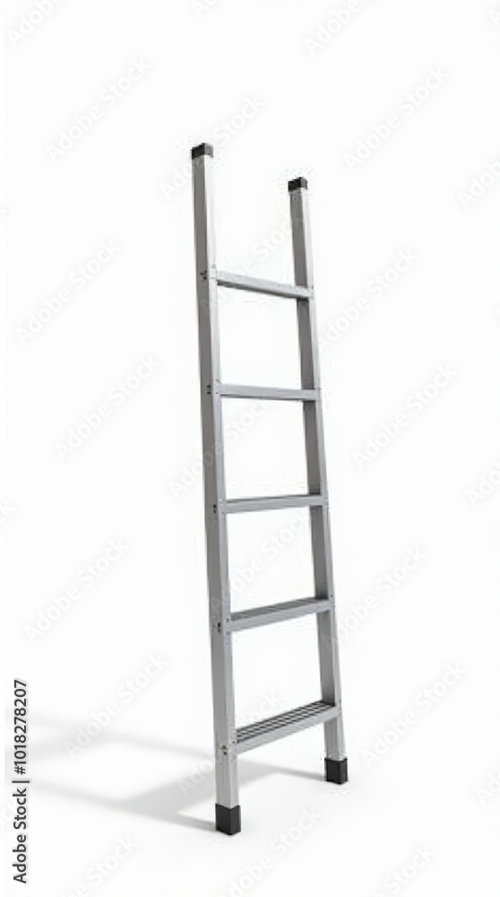 A Simple Aluminum Ladder Standing Upright in a Well-Lit Space Ready for Use A Simple Aluminum Ladder Standing Upright in a Well-Lit Space Ready for Use