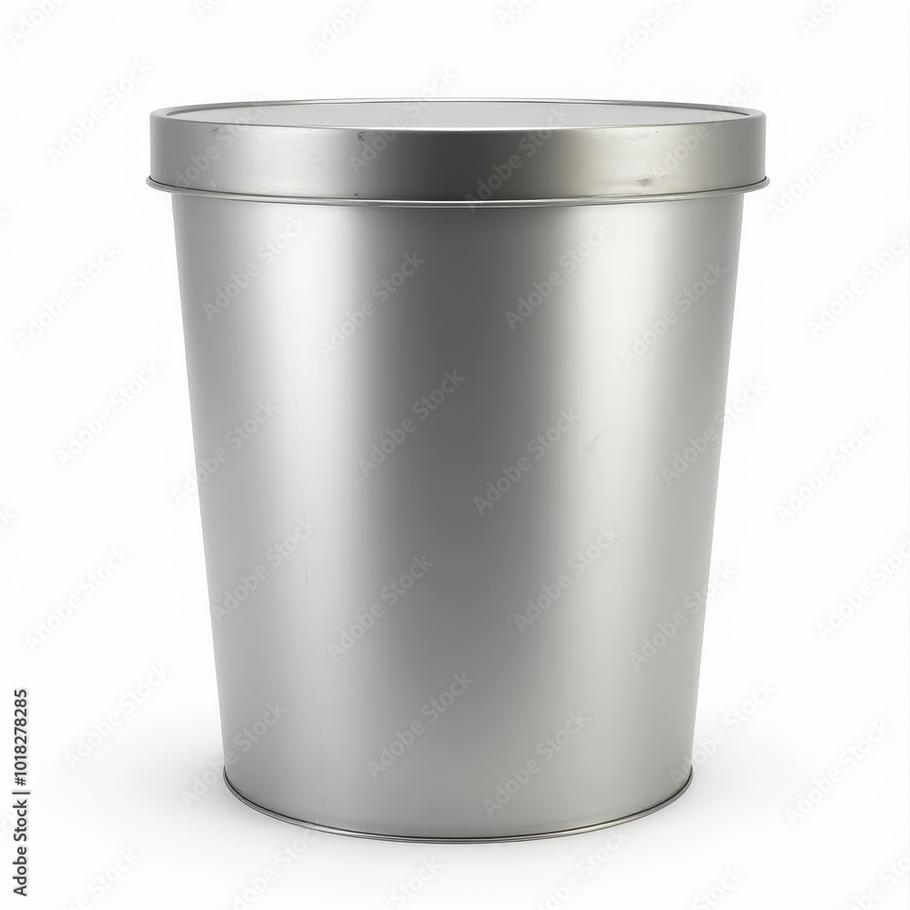 Simple Metallic Trash Bin Standing Against a Plain White Background, Perfect for Any Modern Setting Simple Metallic Trash Bin Standing Against a Plain White Background, Perfect for Any Modern Setting