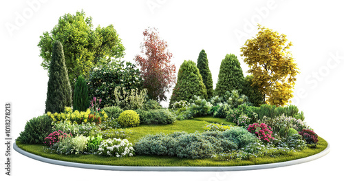 Fototapeta Naklejka Na Ścianę i Meble -  Beautiful garden with colorful plants and trees, isolated on transparent cutout background