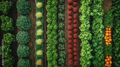 An aerial view of a farm field with rows of different vegetables and crops.