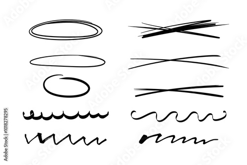 Marker black lines and circle drawings. Pen strokes collection isolated on white background