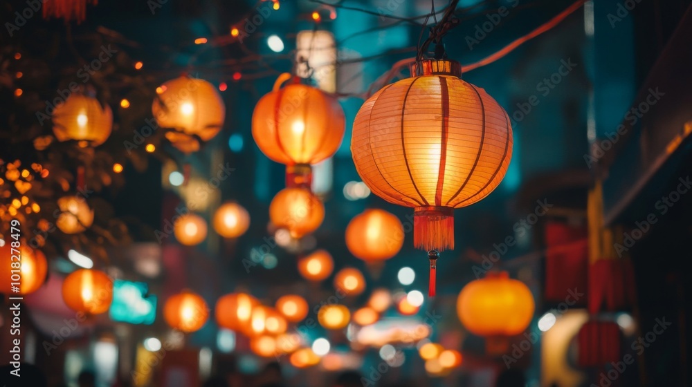 Illuminated Chinese Lanterns in a Night Market Illuminated Chinese Lanterns in a Night Market
