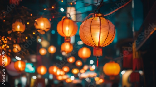 Illuminated Chinese Lanterns in a Night Market