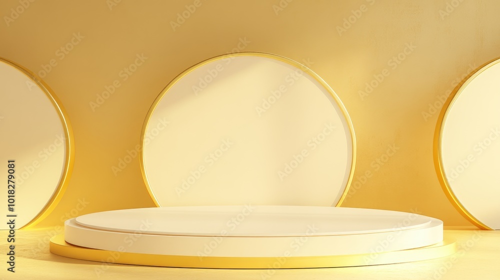 A White Circular Platform With Gold Accents and a Golden Backdrop A White Circular Platform With Gold Accents and a Golden Backdrop