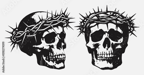 skull wearing a crown of thorns retro grunge print, side and front view illustration