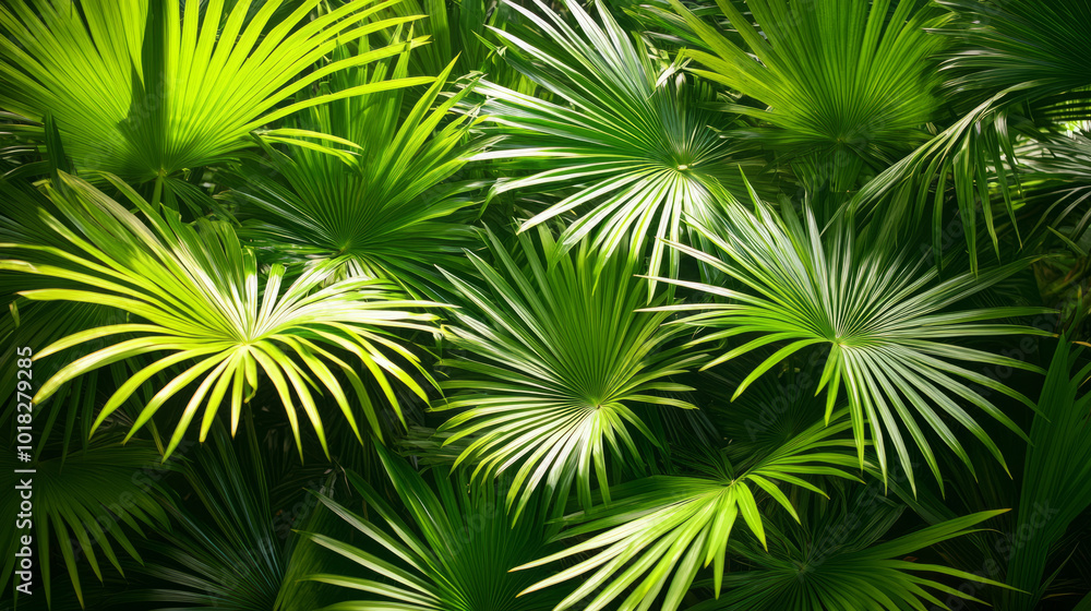 A close-up view of vibrant green palm leaves swaying gently in the tropical breeze, with sunlight filtering through the fronds, creating dappled shadows on the ground A close-up view of vibrant green palm leaves swaying gently in the tropical breeze, with sunlight filtering through the fronds, creating dappled shadows on the ground