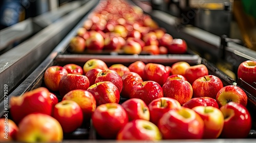 Fresh apples being processed and sorted on a conveyor belt in a factory, highlighting industrial efficiency and freshness