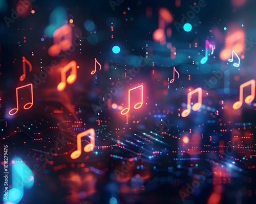 Futuristic 3D Holographic Music Notes Floating in a Digital Background