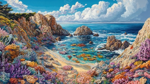 A picturesque view of a secluded cove with vibrant coral reefs, crystal clear turquoise water, and rocky cliffs.