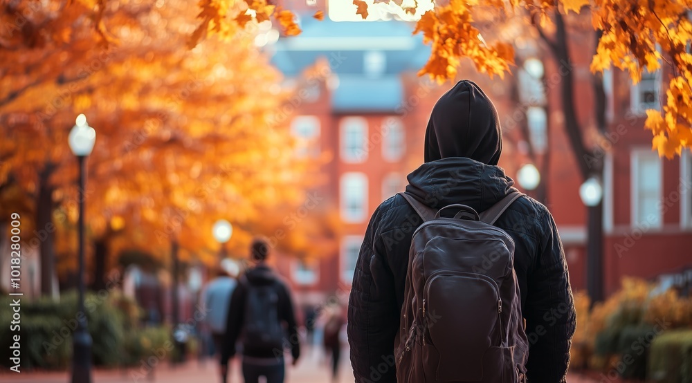 Student Walking Through American University Campus in Autumn, Observing Red Brick Architecture and Fall Foliage at Sunset Student Walking Through American University Campus in Autumn, Observing Red Brick Architecture and Fall Foliage at Sunset