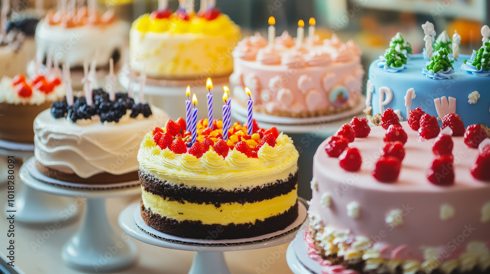 A colorful image of standard birthday cakes on display in a bakery, showcasing a variety of designs and flavors with candles and decorations A colorful image of standard birthday cakes on display in a bakery, showcasing a variety of designs and flavors with candles and decorations