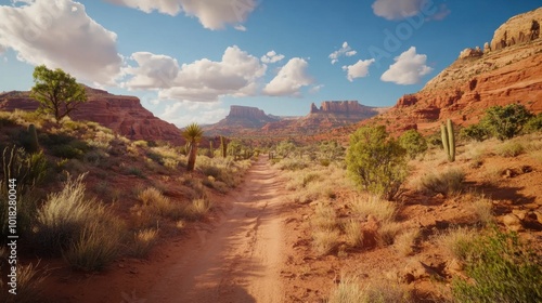 A dusty trail winding through a red desert valley filled with sparse vegetation, cacti, and towering sandstone buttes in the distance.