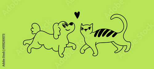 Funny pets, dogs and cats, vector illustration in trendy flat simple linear style, funny mascot and cartoon character, friendly sticker and badge for advertising, social media