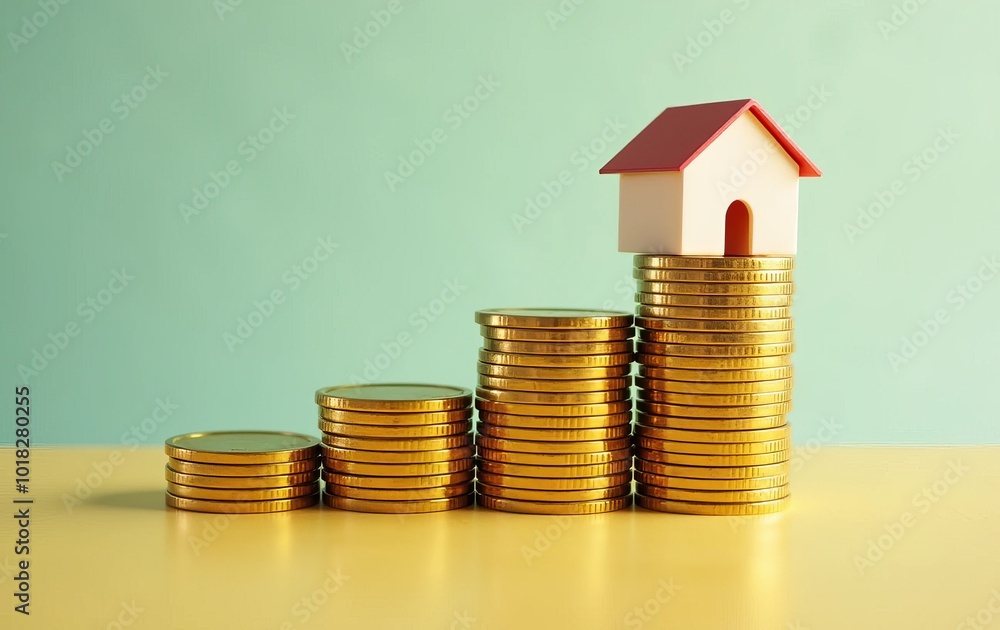Model House on Stacked Coins Representing Real Estate Investment Growth Over Time Model House on Stacked Coins Representing Real Estate Investment Growth Over Time