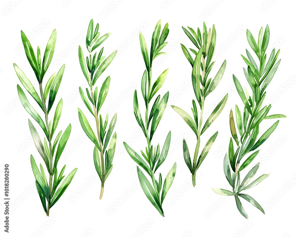 Watercolor of Aromatic Rosemary Leaves in Soft Green Tones Symbolizing Simplicity and Nature Watercolor of Aromatic Rosemary Leaves in Soft Green Tones Symbolizing Simplicity and Nature