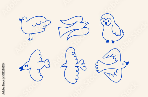 Funny birds, vector illustration in trendy flat simple linear style, funny mascot and cartoon characters, friendly sticker and badge for advertising, social media