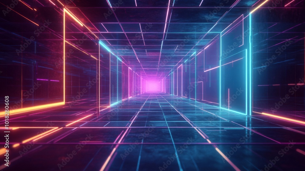 Abstract Neon Corridor with Grid Pattern and Glowing Lines Abstract Neon Corridor with Grid Pattern and Glowing Lines