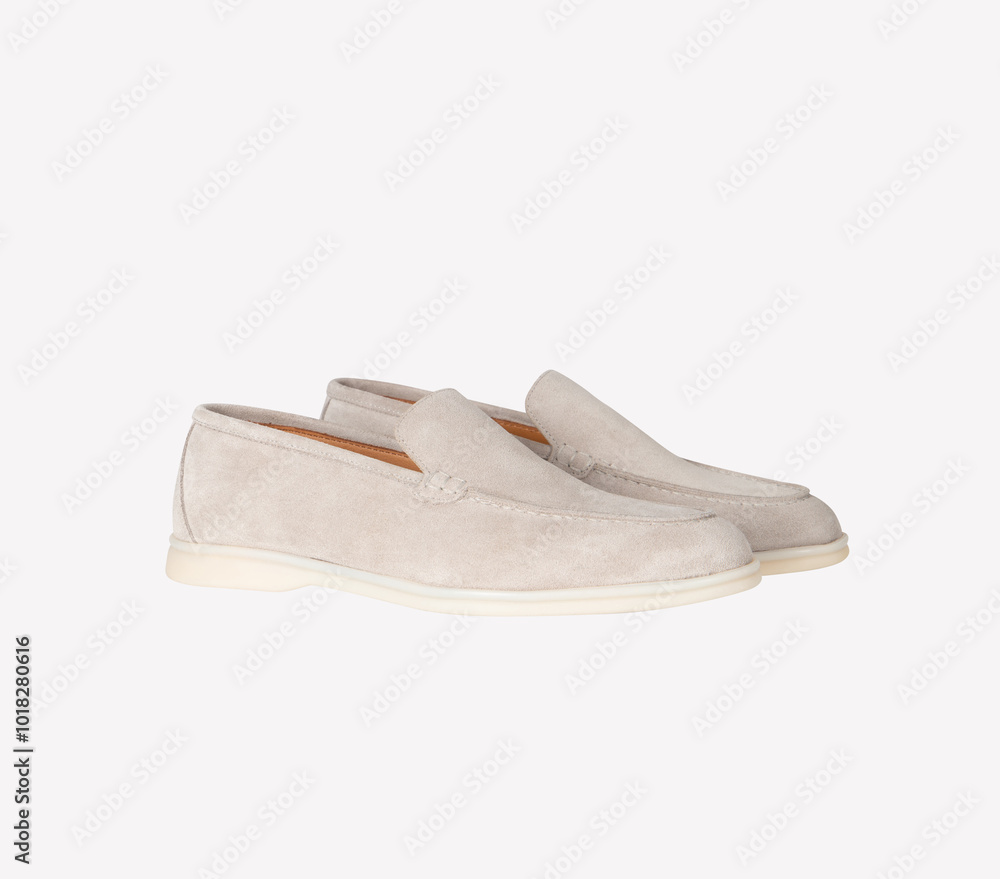 suede loafer with a cream color sole, men's casual leather shoes, isolated on white background. suede loafer with a cream color sole, men's casual leather shoes, isolated on white background.