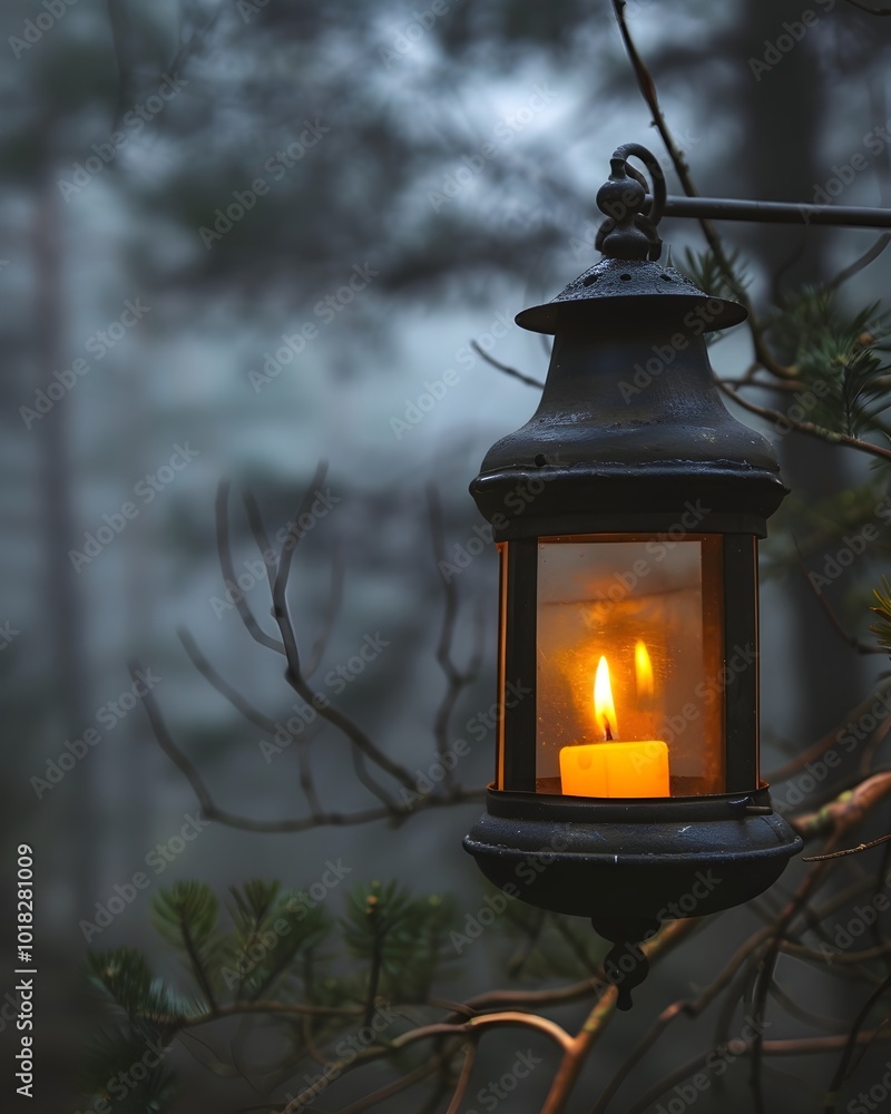 Glowing Lantern Candle in Misty Forest Symbolizing Hope Glowing Lantern Candle in Misty Forest Symbolizing Hope