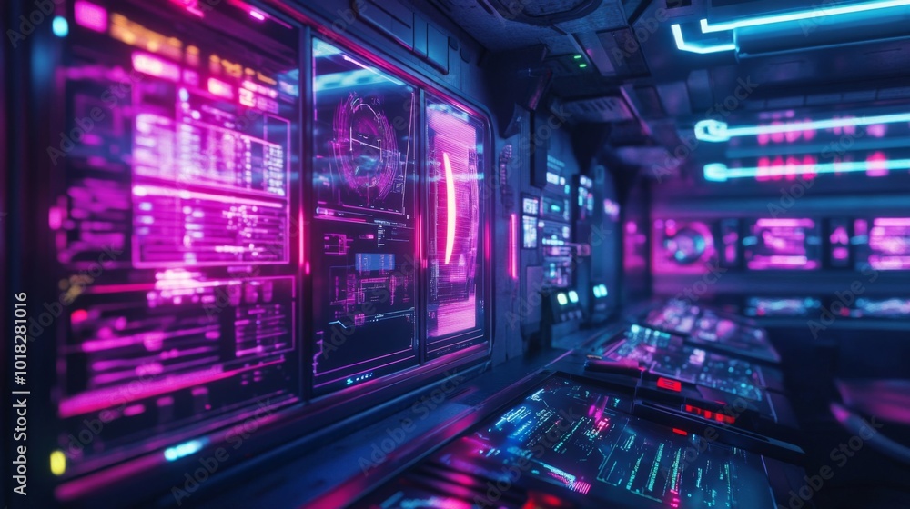 Futuristic Control Room with Neon Lights and Screens Displaying Data Futuristic Control Room with Neon Lights and Screens Displaying Data