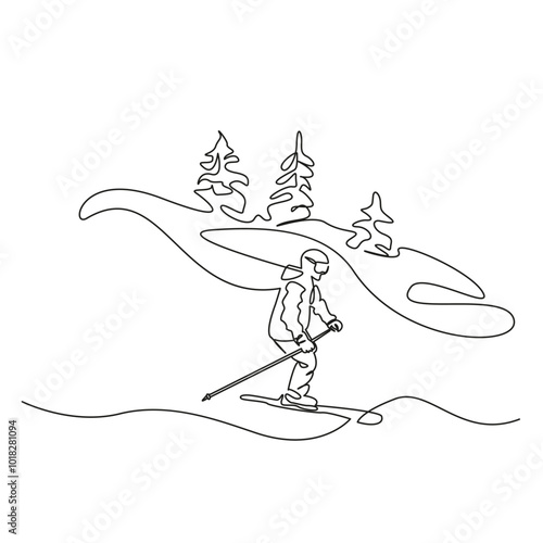 One continuous single drawing line art flat doodle sport, mountain, skiing, snow, winter, skier, ski, action, person, fun. Isolated image hand draw contour on a white background