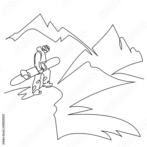 One continuous single drawing line art flat doodle snow, mountain, winter, sport, ski, snowboard, nature, snowboarding, extreme. Isolated image hand draw contour on a white background