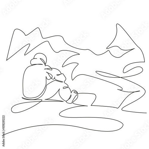 One continuous single drawing line art flat doodle sport, snow, mountain, winter, ski, extreme, man, lifestyle, sky, skiing. Isolated image hand draw contour on a white background