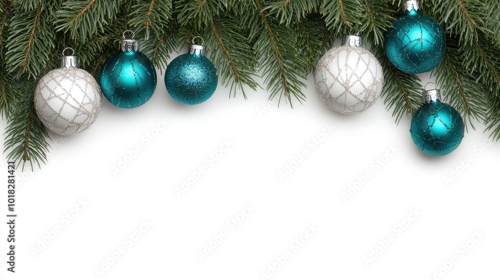 This festive garland features lush evergreen branches and beautiful blue and silver ornaments, creating a cheerful border ideal for holiday messages and seasonal decor This festive garland features lush evergreen branches and beautiful blue and silver ornaments, creating a cheerful border ideal for holiday messages and seasonal decor