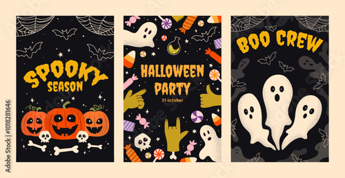 Set 3 posters for Halloween on dark background. Pumpkins, ghosts and others elements of the holiday with grainy texture in retro style. For card, cover, advertising, label, invitation.