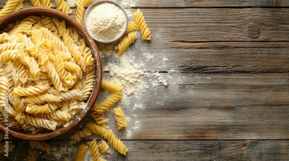 Freshly made pasta and scattered flour on a rustic wooden table, viewed from above, creating a culinary backdrop Freshly made pasta and scattered flour on a rustic wooden table, viewed from above, creating a culinary backdrop
