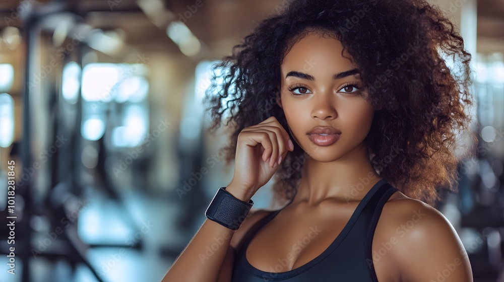 21. A model displaying a fashionable wristband in a gym 21. A model displaying a fashionable wristband in a gym