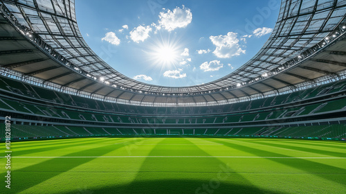 Green field in soccer stadium. Ready for game background or banner  