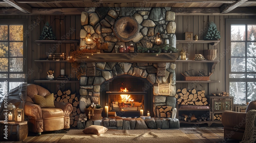 A cozy fireplace with a rustic mantel, comfortable seating, and decorative accents A cozy fireplace with a rustic mantel, comfortable seating, and decorative accents