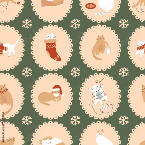 Christmas cats seamless pattern. Vector funny pets on the winter holiday at home, cute kitties. Green New Year time repeat background, wallpaper, package design, wrap paper, textile. Kitty secret life