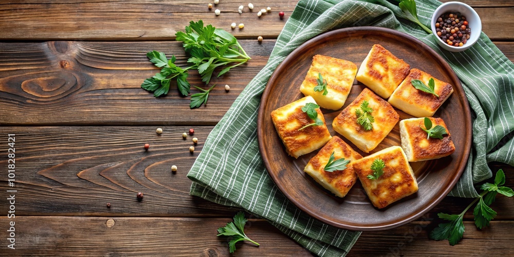 Golden-brown squares of cheese with parsley on a wooden platter, surrounded by peppercorns and green sprigs on a brown wooden table Golden-brown squares of cheese with parsley on a wooden platter, surrounded by peppercorns and green sprigs on a brown wooden table