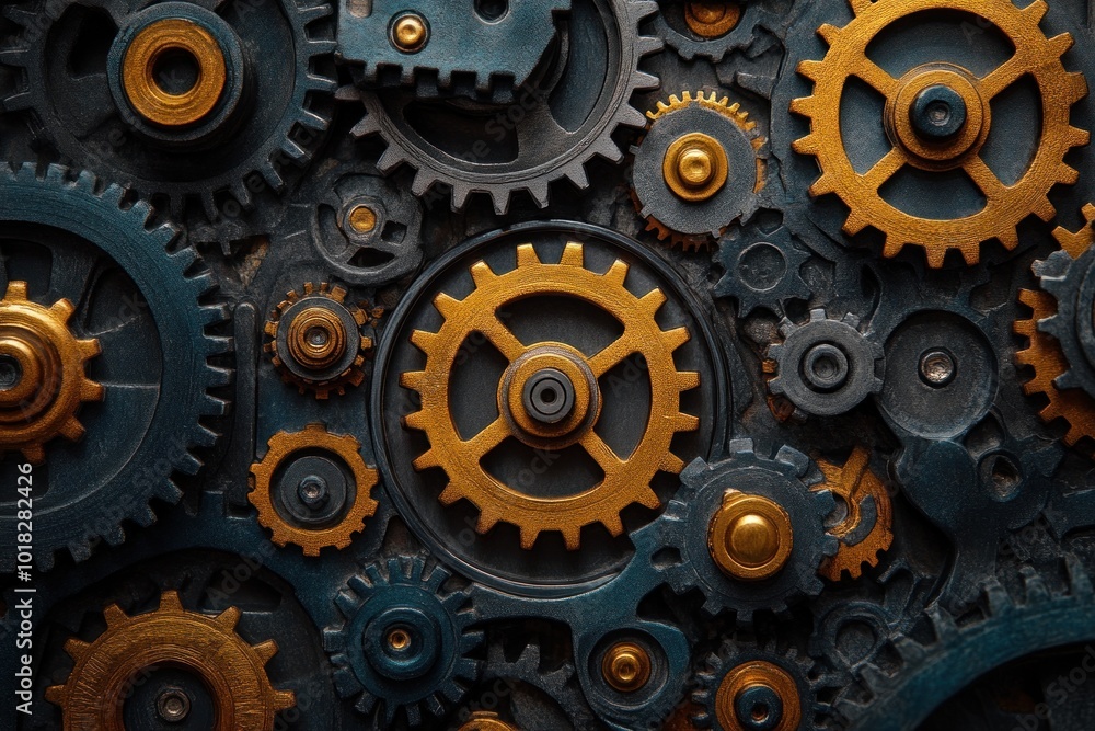Close-up of interlocking cogs and gears, with a mixture of gold and blue hues, representing a complex mechanical system. Close-up of interlocking cogs and gears, with a mixture of gold and blue hues, representing a complex mechanical system.