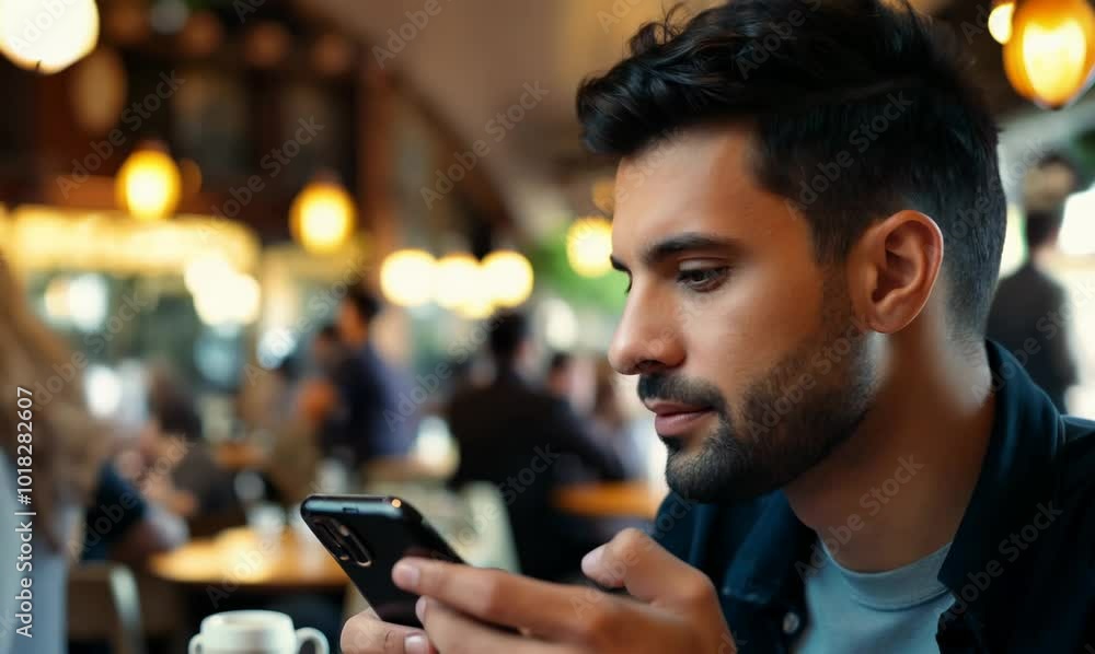 Turkish Man Replying to Messages in Busy Coffee Shop Turkish Man Replying to Messages in Busy Coffee Shop