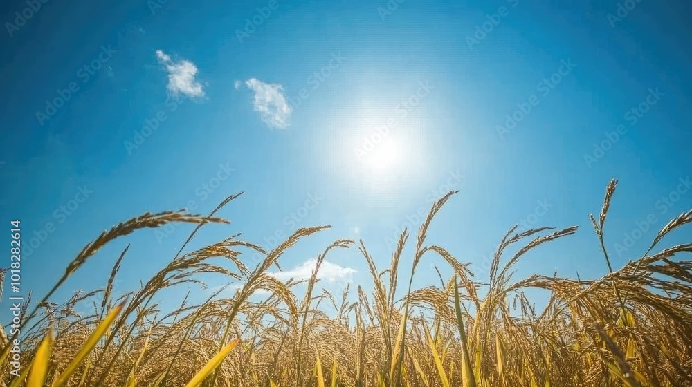 Obraz premium Golden rice heads swaying in the breeze under the warm sun with a clear blue sky.