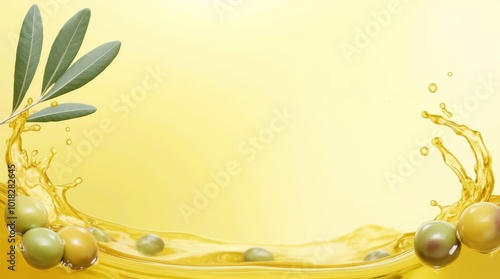 Fresh Olives Splash in Golden Olive Oil on a Light Background, Highlighting Natural Ingredients