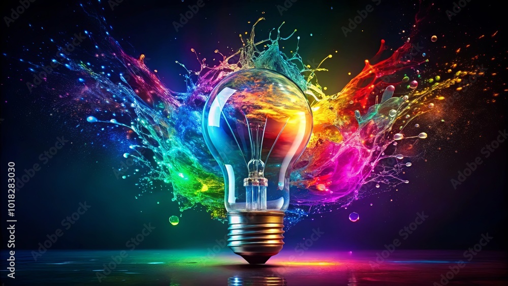 A single light bulb, glowing with the power of creative energy, bursts forth with a kaleidoscope of colors, symbolizing the brilliance and vibrancy of new ideas. A single light bulb, glowing with the power of creative energy, bursts forth with a kaleidoscope of colors, symbolizing the brilliance and vibrancy of new ideas.