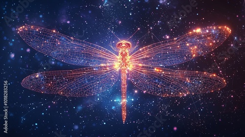 This radiant orange dragonfly is crafted with intricate digital networks, set against a cosmic backdrop, symbolizing creativity and cosmic exploration. photo