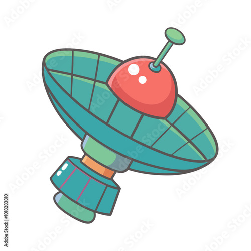 Cartoon-style space-probe with a red dome and antenna, representing space exploration