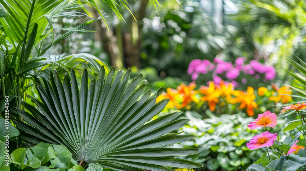 A lush garden filled with various tropical plants, showcasing large, fan-shaped palm leaves in the foreground, while colorful flowers bloom in the background A lush garden filled with various tropical plants, showcasing large, fan-shaped palm leaves in the foreground, while colorful flowers bloom in the background