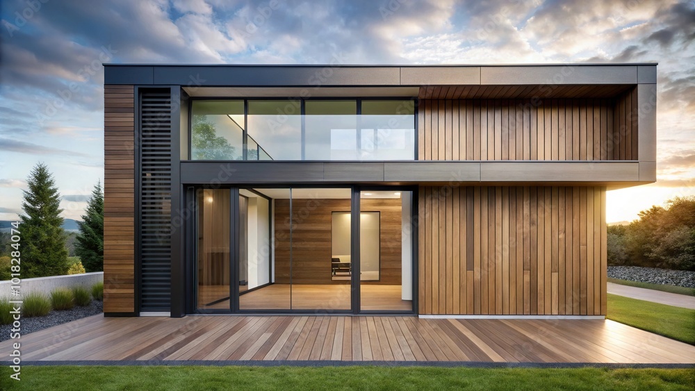 Modern house with wooden facade and large glass door silhouette Modern house with wooden facade and large glass door silhouette