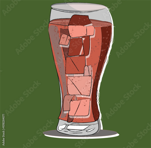 Cola soda concept design vector illustration.  Tall Glass of Ice and Cola. A tall glass filled to the brim with ice cubes and carbonated cola, creating a refreshing and bubbly beverage. The colas dark