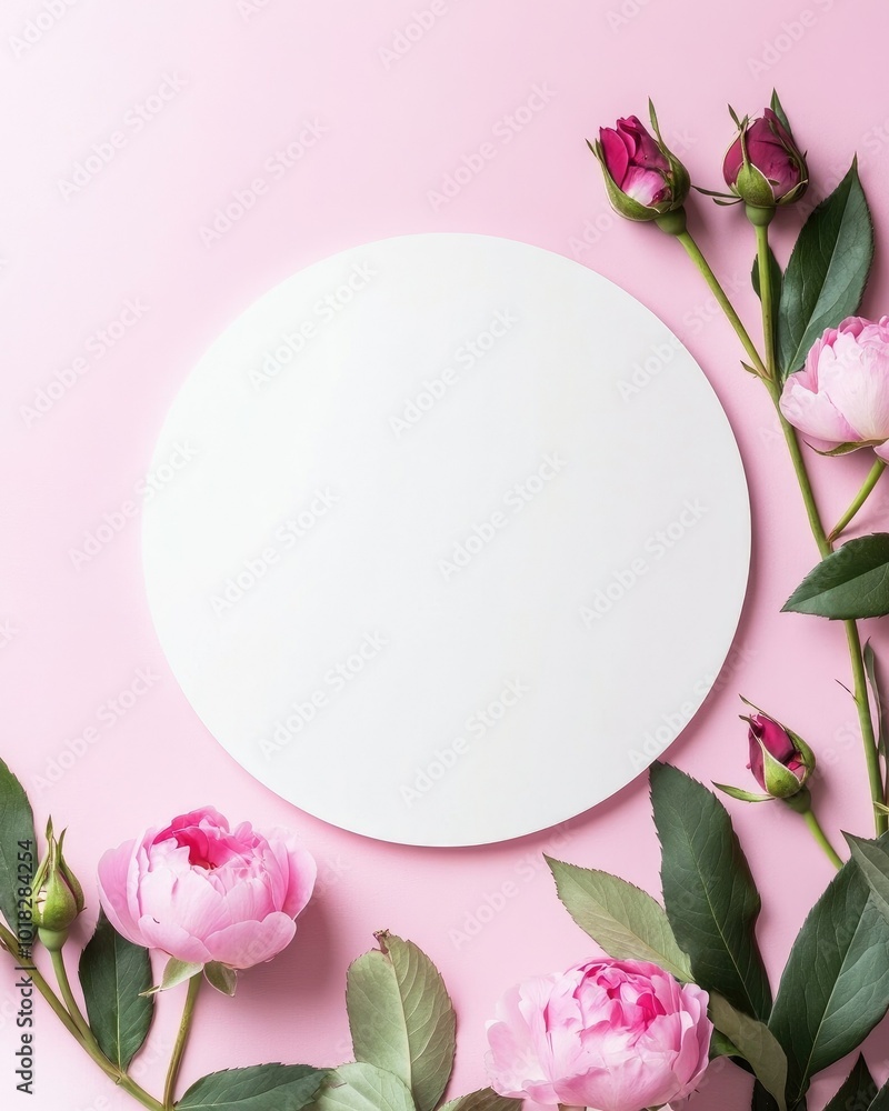 Mother's Day concept Top view photo of white circle and natural flowers pink peony rose buds on isolated light pink background Mother's Day concept Top view photo of white circle and natural flowers pink peony rose buds on isolated light pink background