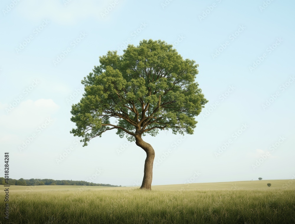 Obraz premium A Solitary Tree Stands Gracefully in a Vast Green Field Under a Clear Blue Sky in the Afternoon