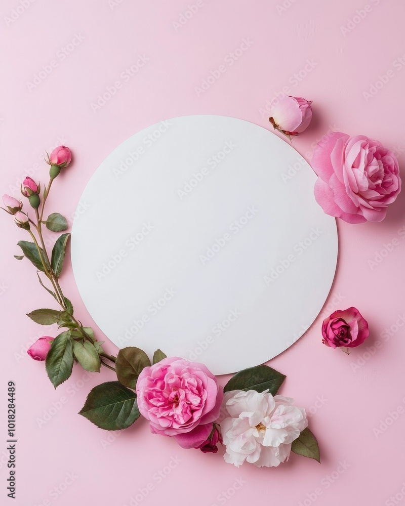 Mother's Day concept Top view photo of white circle and natural flowers pink peony rose buds on isolated light pink background Mother's Day concept Top view photo of white circle and natural flowers pink peony rose buds on isolated light pink background