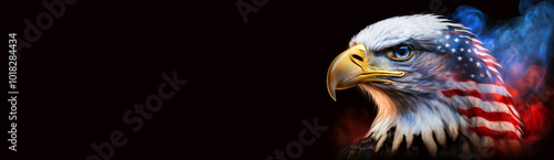 Extreme close-up of a head of an American Bald Eagle with smoke of the colors of the USA flag (American flag) against a black background with copy space, wide banner. Generative Ai. photo